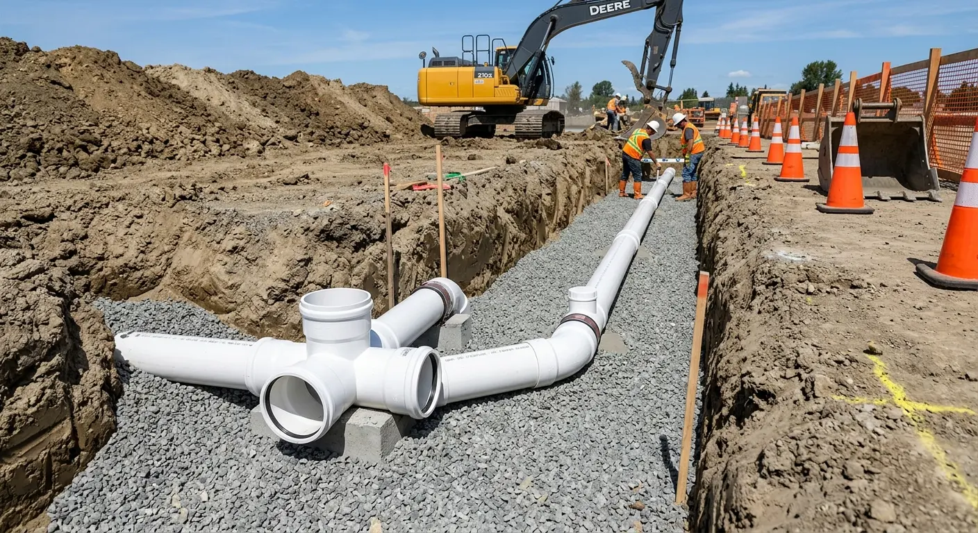 New PVC sewer pipe installation in open trench for Sewer Backup in Warren