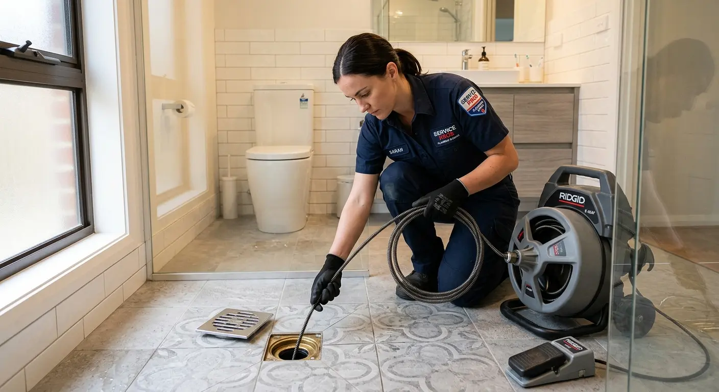 Technician clearing a bathroom floor drain for Drain Repair in Warren